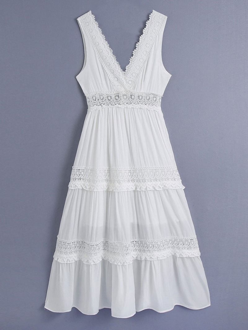 Vestido Maxi Feminino Com Decote Em V Sem Mangas Casual Costas Longo - Branco