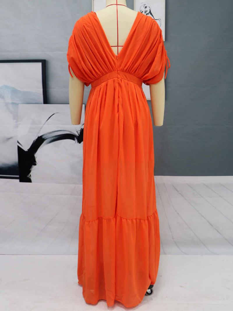 Vestido Maxi Feminino Laranja Vermelho Com Decote Em V Manga Curta Longo Sem Costas - Laranja