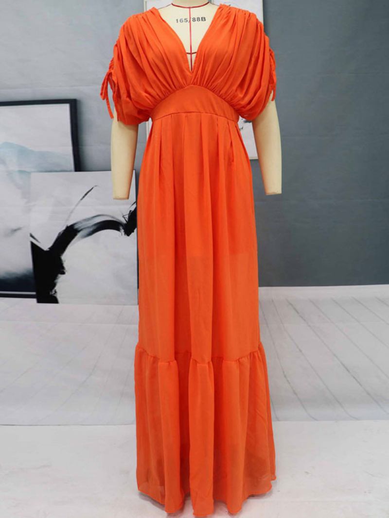 Vestido Maxi Feminino Laranja Vermelho Com Decote Em V Manga Curta Longo Sem Costas - Laranja