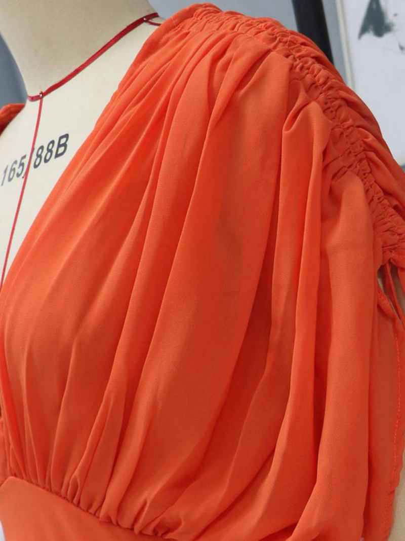 Vestido Maxi Feminino Laranja Vermelho Com Decote Em V Manga Curta Longo Sem Costas - Laranja