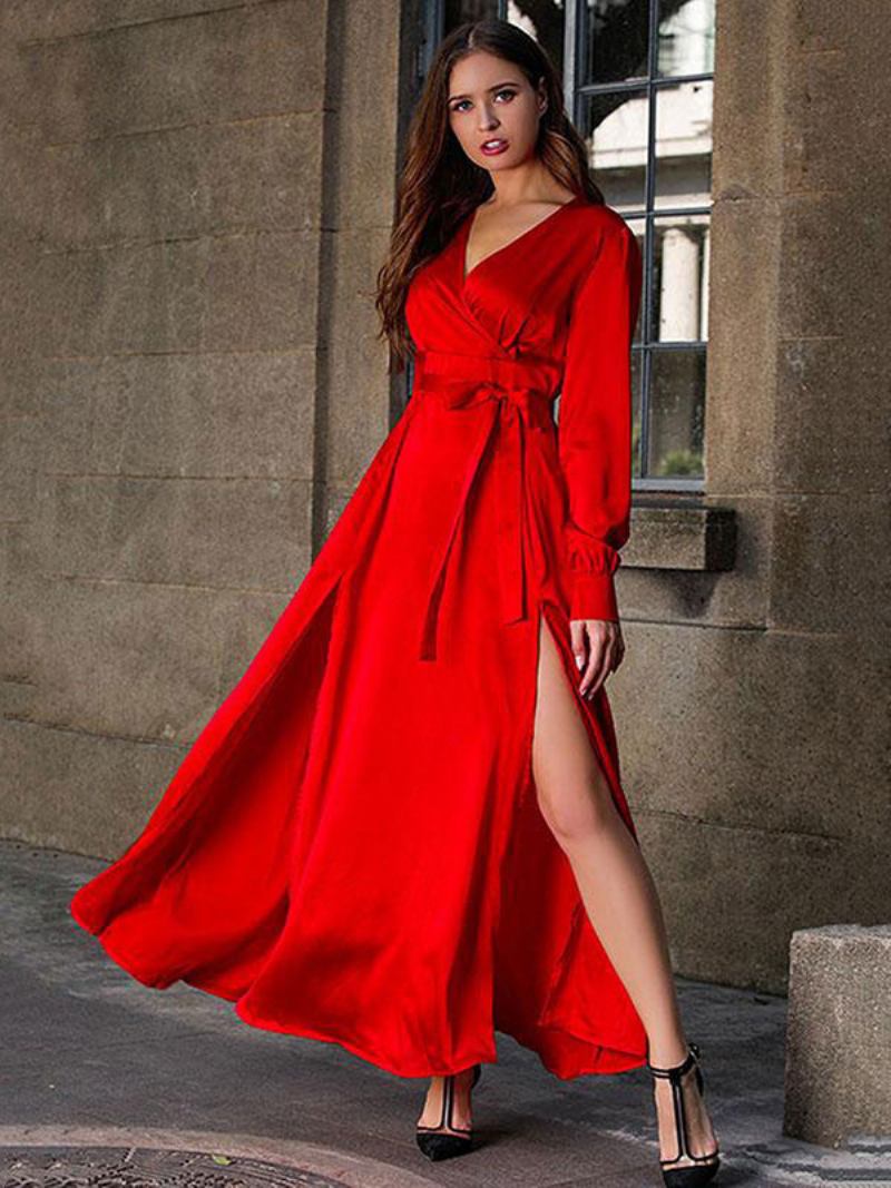 Vestidos Maxi Femininos Com Decote Em V Mangas Compridas Sexy Vestido Comprimento Até O Chão Fenda Alta - Vermelho