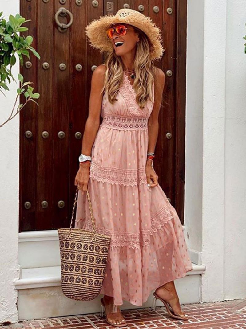 Vestidos Maxi Femininos Damasco Sem Mangas Com Decote Em V Até O Chão Vestido Verão Boho - Rosa