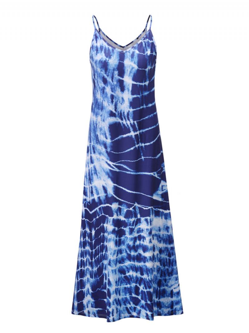 Vestidos Maxi Femininos Sem Mangas Vermelho Tie-dye Alças Pescoço Plissado Ombro Aberto Até O Chão Vestido - Azul 