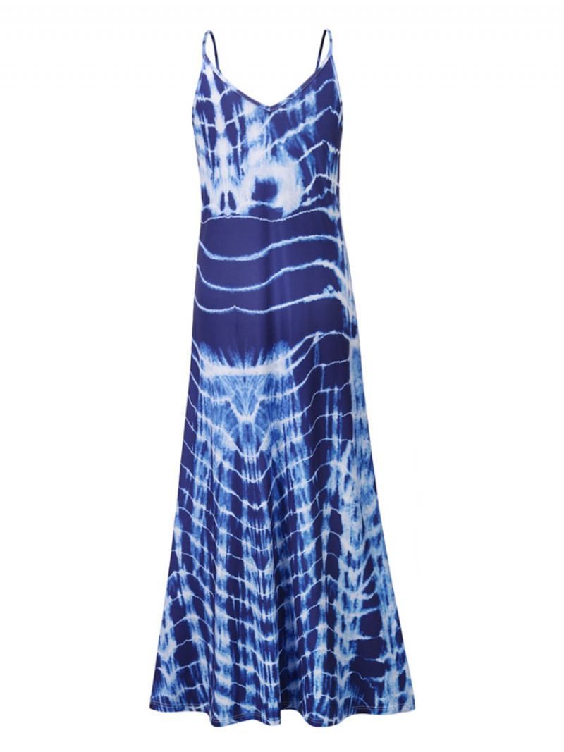 Vestidos Maxi Femininos Sem Mangas Vermelho Tie-dye Alças Pescoço Plissado Ombro Aberto Até O Chão Vestido - Azul 