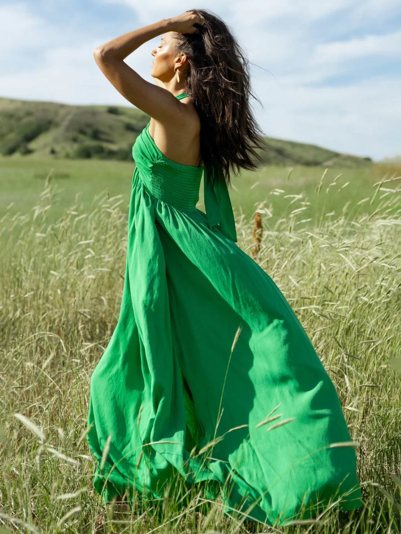 Vestidos Maxi Verão Femininos Vestido Praia Plissado Verde Com Decote Em V - Verde