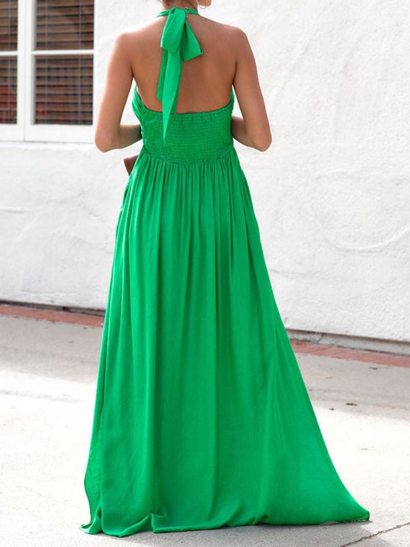 Vestidos Maxi Verão Femininos Vestido Praia Plissado Verde Com Decote Em V - Verde