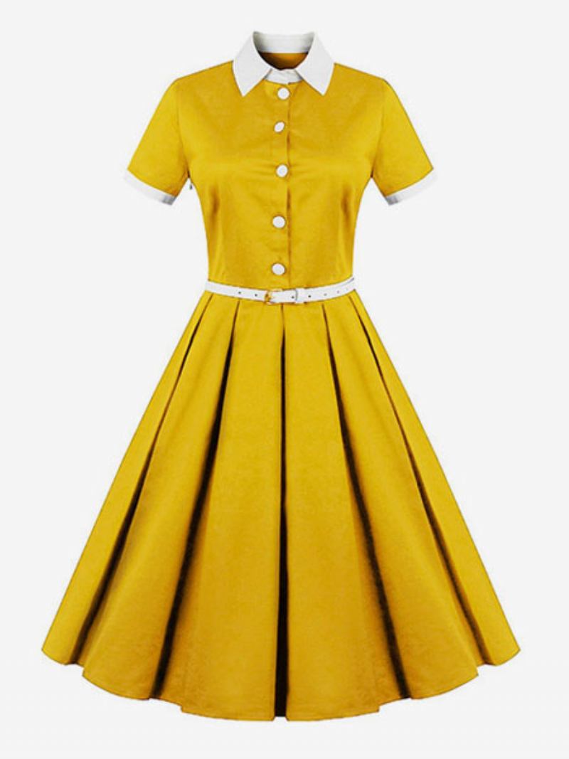 Vestido Feminino Anos 50 Audrey Hepburn Estilo Amarelo Vintage Manga Curta Com Cinto Retrô Swing