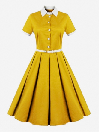 Vestido Feminino Anos 50 Audrey Hepburn Estilo Amarelo Vintage Manga Curta Com Cinto Retrô Swing