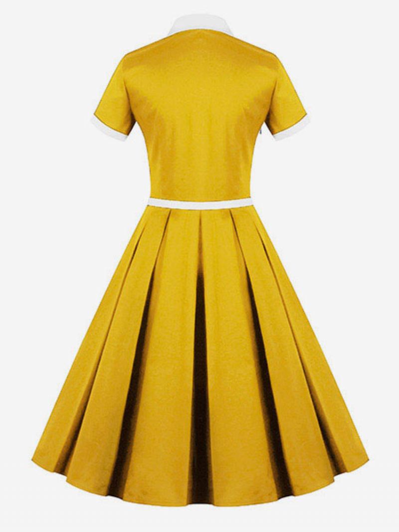 Vestido Feminino Anos 50 Audrey Hepburn Estilo Amarelo Vintage Manga Curta Com Cinto Retrô Swing - Amarelo