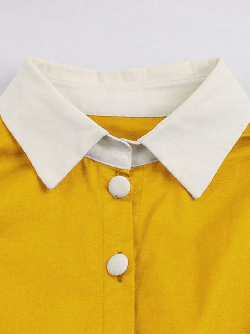 Vestido Feminino Anos 50 Audrey Hepburn Estilo Amarelo Vintage Manga Curta Com Cinto Retrô Swing - Amarelo