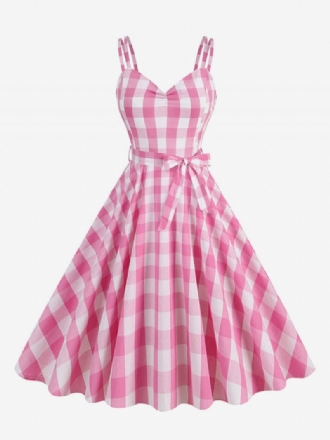 Vestido Feminino Barbie Gingham Dos Anos 50 Audrey Hepburn Vintage Sem Mangas