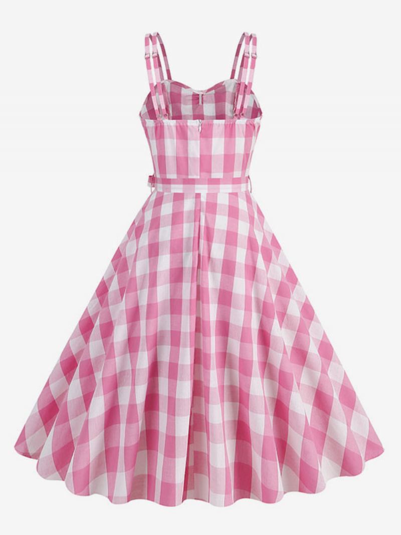 Vestido Feminino Barbie Gingham Dos Anos 50 Audrey Hepburn Vintage Sem Mangas - Rosa