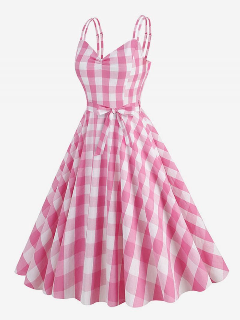 Vestido Feminino Barbie Gingham Dos Anos 50 Audrey Hepburn Vintage Sem Mangas - Rosa