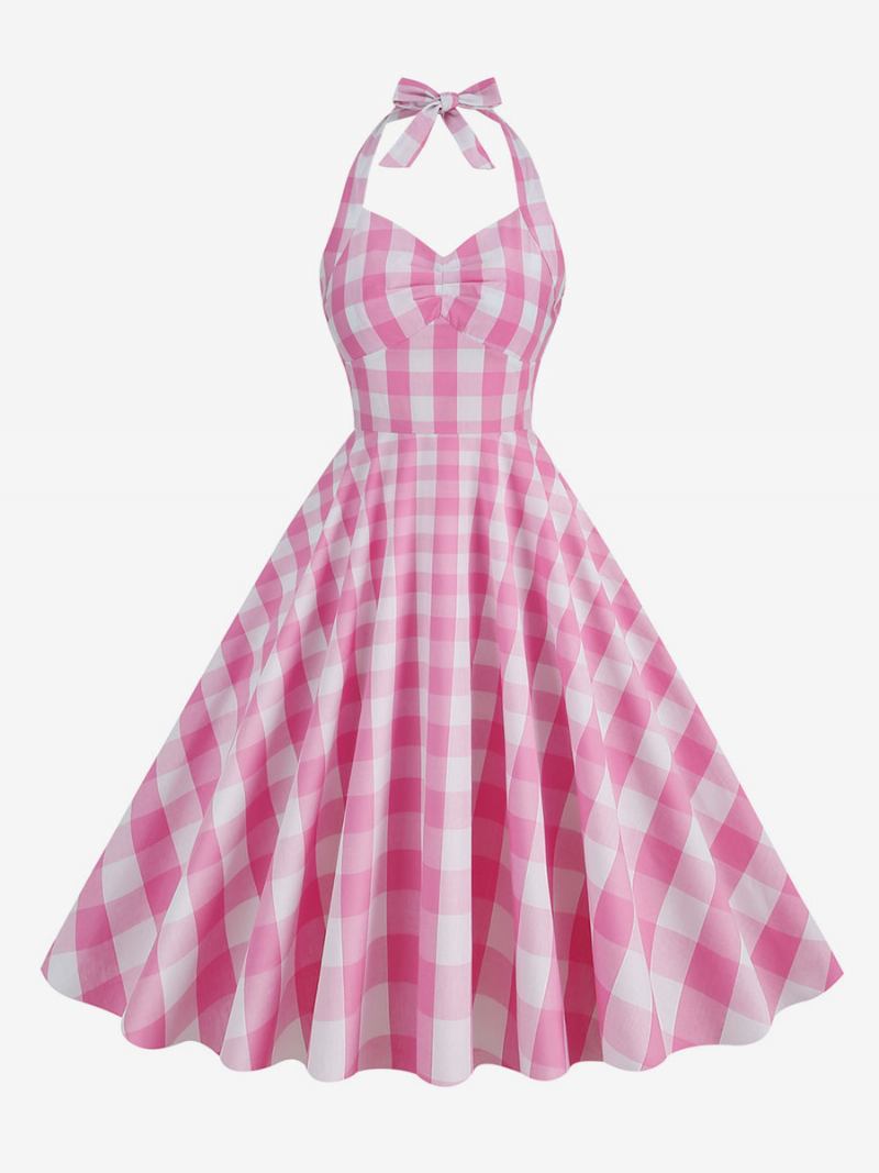 Vestido Feminino Barbie Rosa Gingham Anos 50 Xadrez Plissado Frente Única