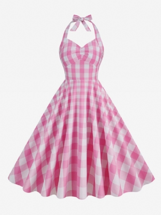 Vestido Feminino Barbie Rosa Gingham Anos 50 Xadrez Plissado Frente Única