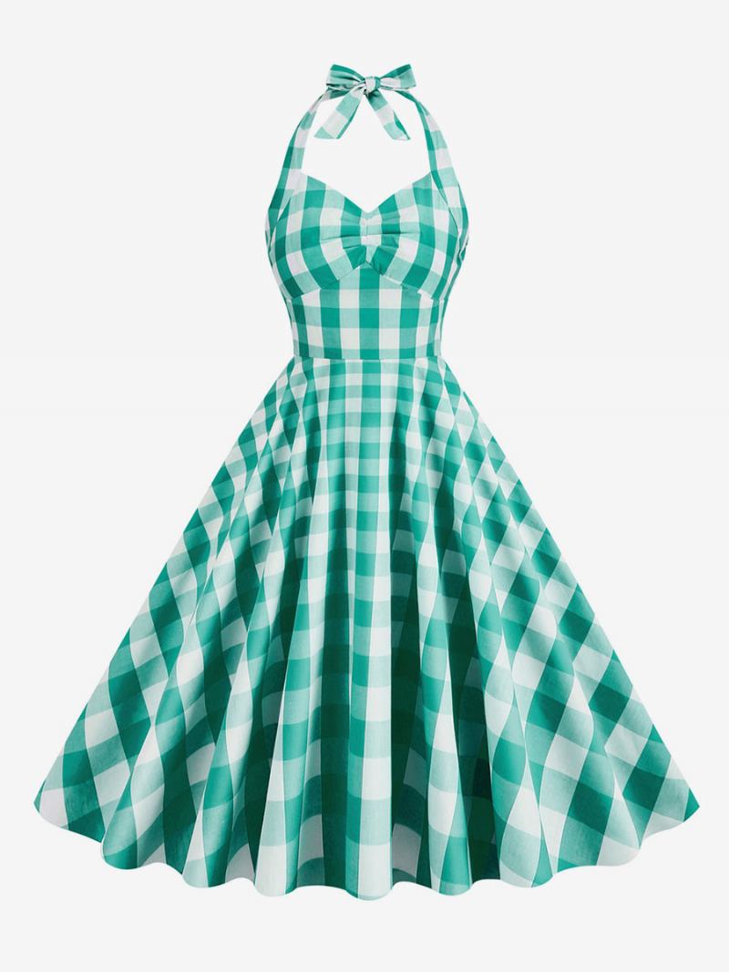 Vestido Feminino Barbie Rosa Gingham Anos 50 Xadrez Plissado Frente Única - Verde