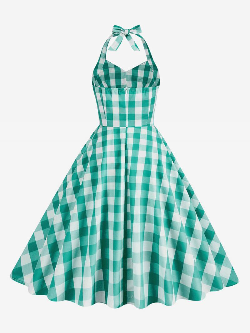 Vestido Feminino Barbie Rosa Gingham Anos 50 Xadrez Plissado Frente Única - Verde