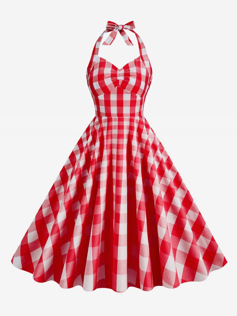 Vestido Feminino Barbie Rosa Gingham Anos 50 Xadrez Plissado Frente Única - Vermelho