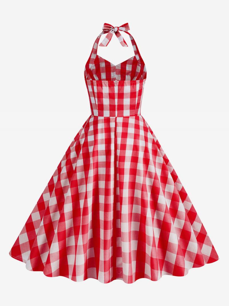 Vestido Feminino Barbie Rosa Gingham Anos 50 Xadrez Plissado Frente Única - Vermelho