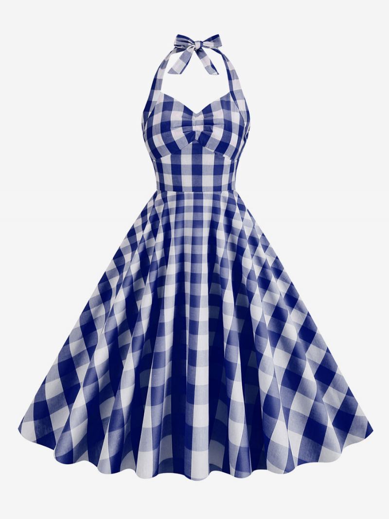 Vestido Feminino Barbie Rosa Gingham Anos 50 Xadrez Plissado Frente Única - Azul Profundo