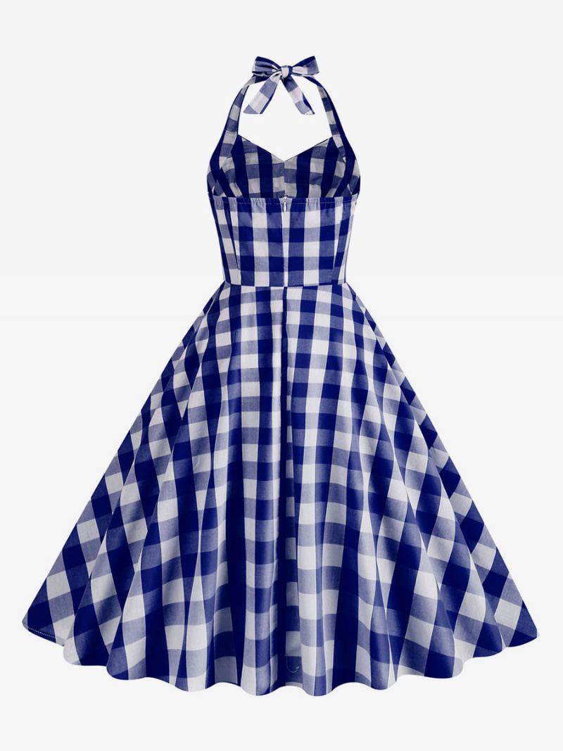 Vestido Feminino Barbie Rosa Gingham Anos 50 Xadrez Plissado Frente Única - Azul Profundo