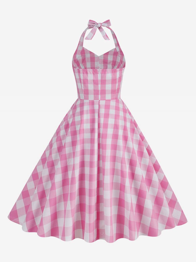 Vestido Feminino Barbie Rosa Gingham Anos 50 Xadrez Plissado Frente Única - Rosa