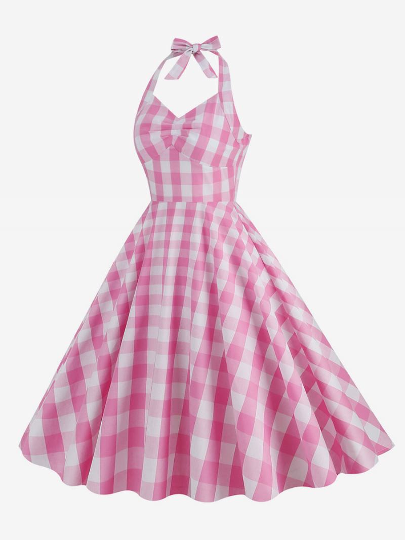 Vestido Feminino Barbie Rosa Gingham Anos 50 Xadrez Plissado Frente Única - Rosa