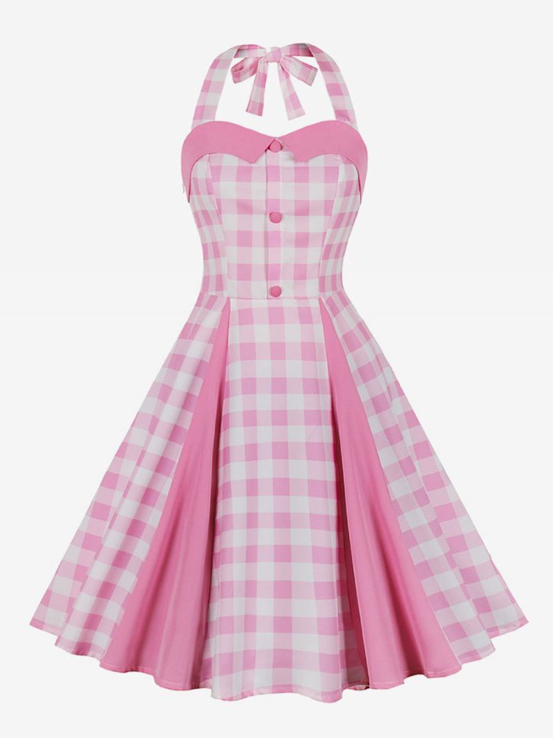 Vestido Feminino Barbie Rosa Gingham Vintage Midi Halter Dos Anos 1950