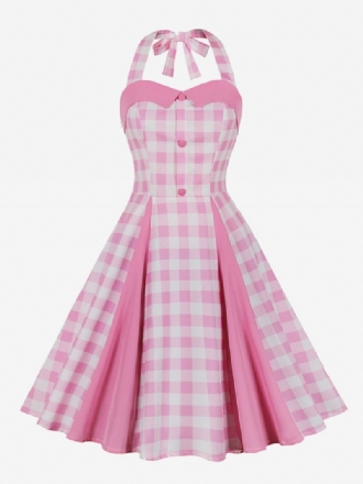 Vestido Feminino Barbie Rosa Gingham Vintage Midi Halter Dos Anos 1950