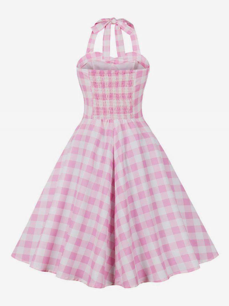 Vestido Feminino Barbie Rosa Gingham Vintage Midi Halter Dos Anos 1950 - Rosa