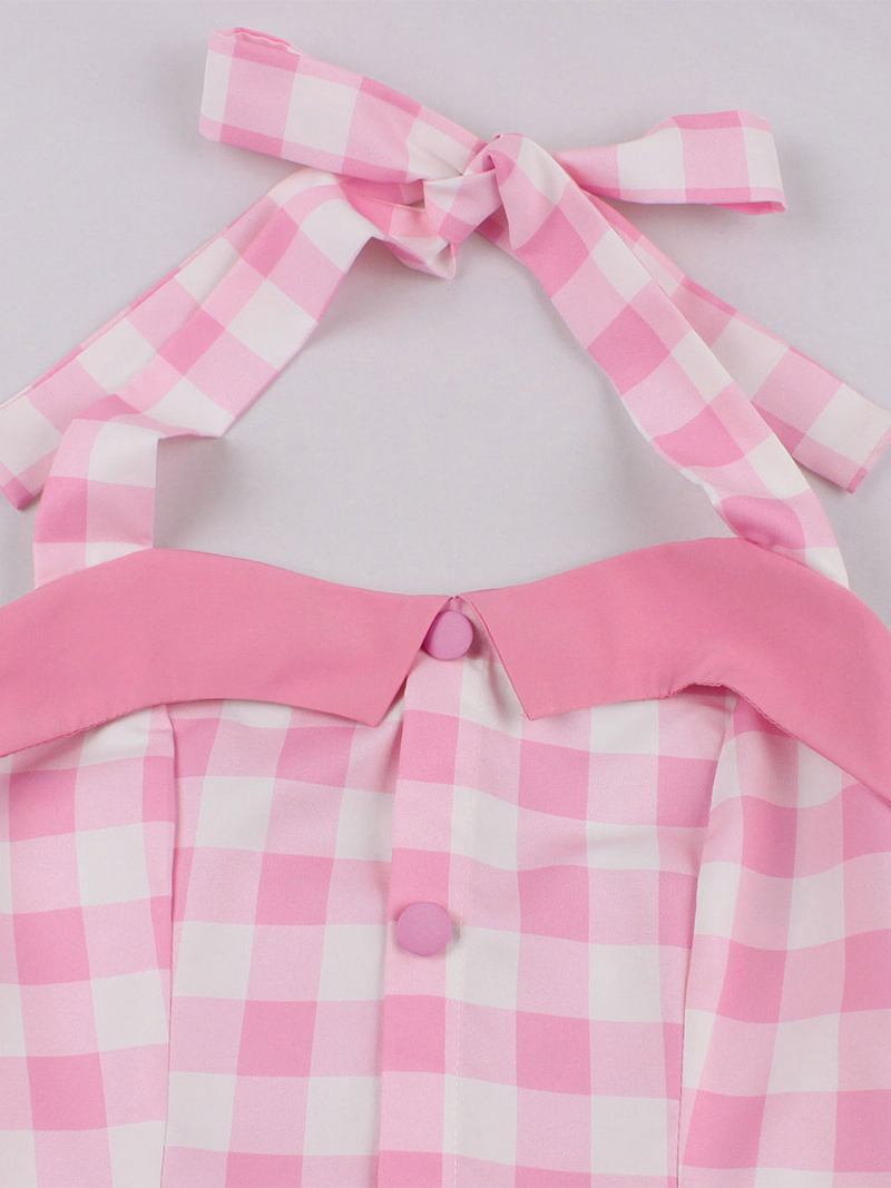 Vestido Feminino Barbie Rosa Gingham Vintage Midi Halter Dos Anos 1950 - Rosa