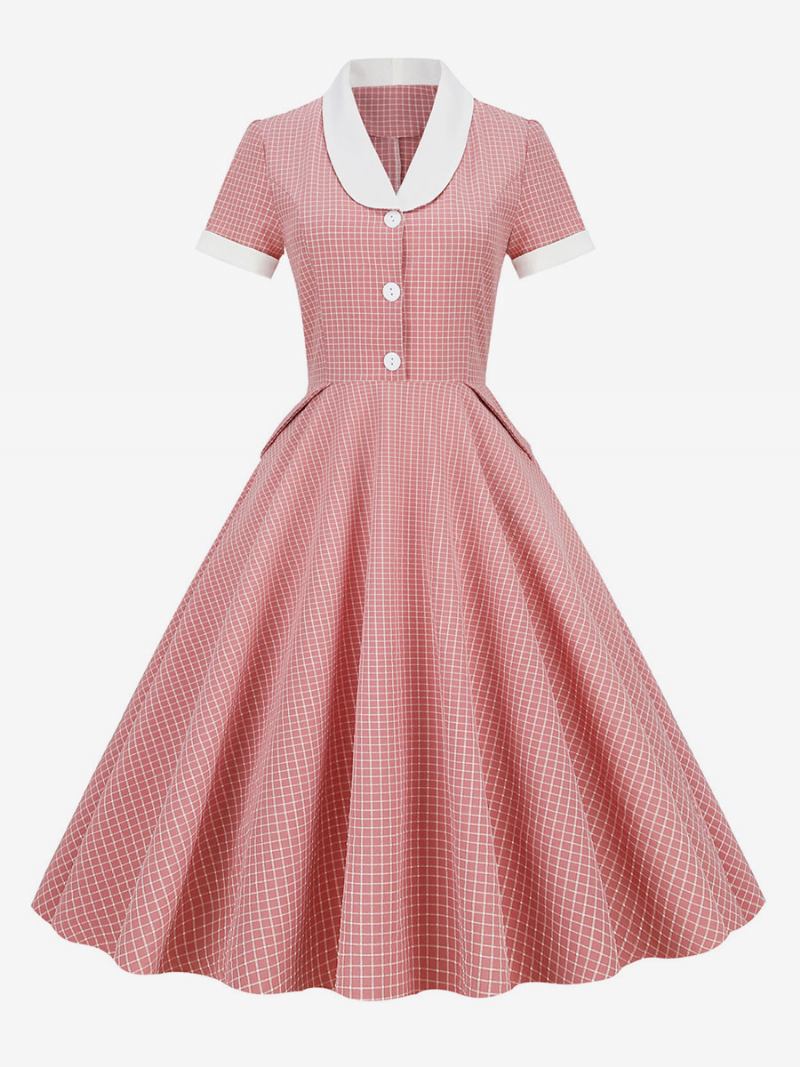 Vestido Feminino Barbie Rosa Guingão Estilo Audrey Hepburn Dos Anos 1950 Vintage Mangas Curtas