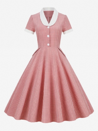 Vestido Feminino Barbie Rosa Guingão Estilo Audrey Hepburn Dos Anos 1950 Vintage Mangas Curtas