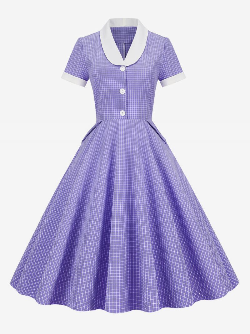 Vestido Feminino Barbie Rosa Guingão Estilo Audrey Hepburn Dos Anos 1950 Vintage Mangas Curtas - Roxo