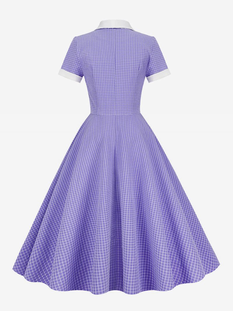 Vestido Feminino Barbie Rosa Guingão Estilo Audrey Hepburn Dos Anos 1950 Vintage Mangas Curtas - Roxo