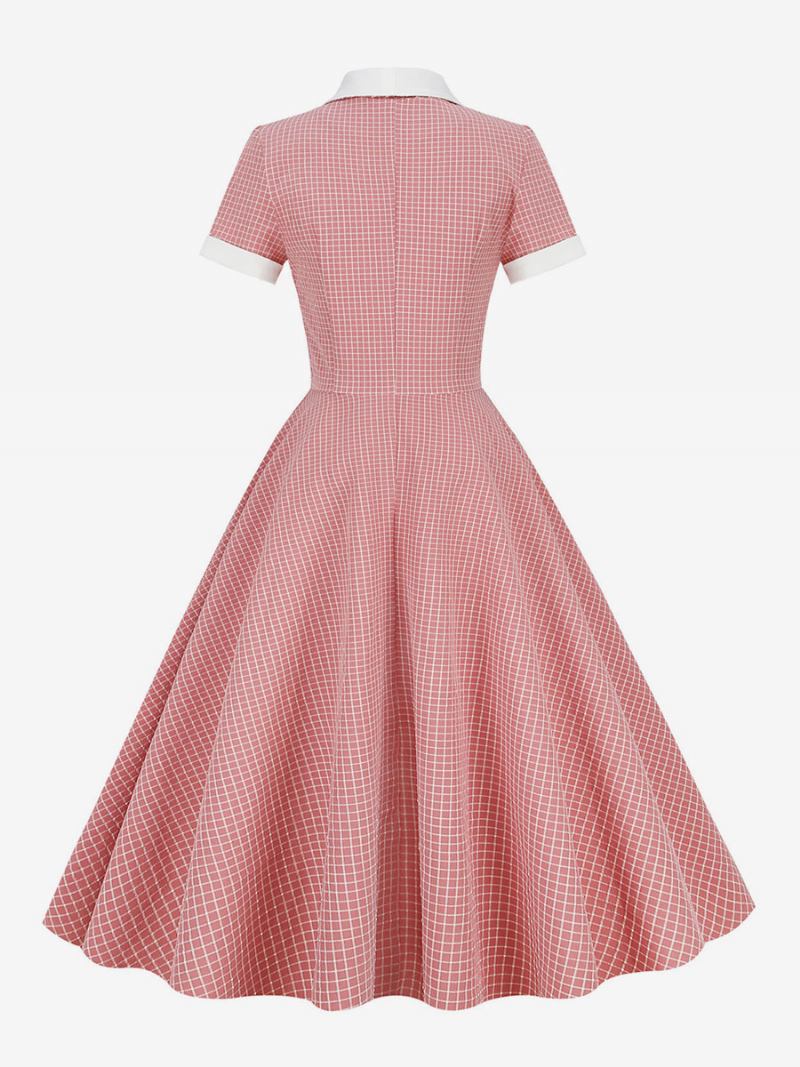 Vestido Feminino Barbie Rosa Guingão Estilo Audrey Hepburn Dos Anos 1950 Vintage Mangas Curtas - Rosa