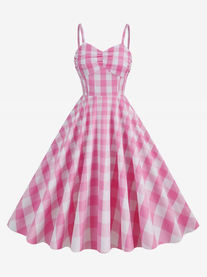 Vestido Feminino Barbie Rosa Riscado Dos Anos 1950 Com Alças Plissadas Vintage Xadrez