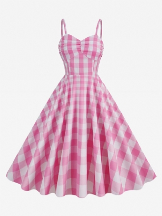 Vestido Feminino Barbie Rosa Riscado Dos Anos 1950 Com Alças Plissadas Vintage Xadrez