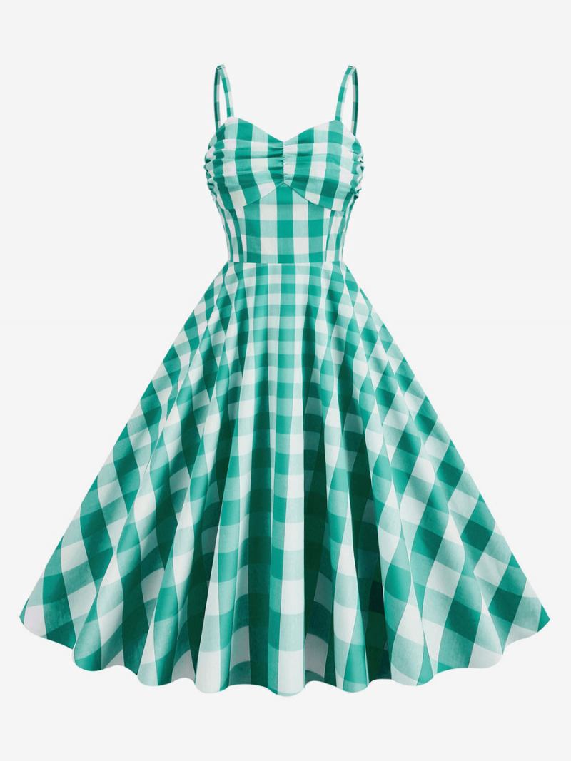 Vestido Feminino Barbie Rosa Riscado Dos Anos 1950 Com Alças Plissadas Vintage Xadrez - Verde