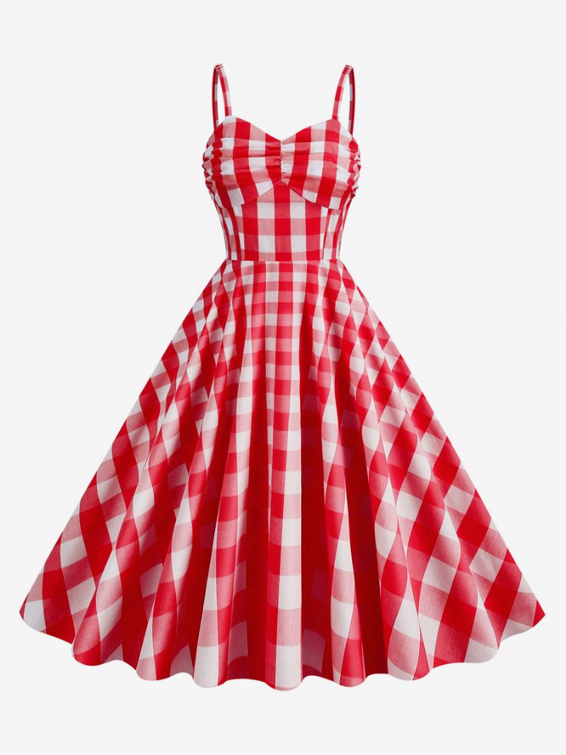 Vestido Feminino Barbie Rosa Riscado Dos Anos 1950 Com Alças Plissadas Vintage Xadrez - Vermelho