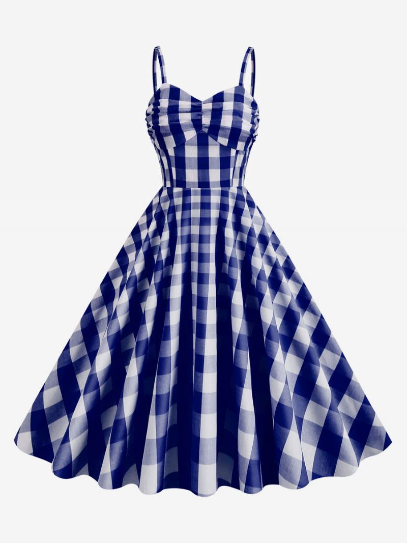 Vestido Feminino Barbie Rosa Riscado Dos Anos 1950 Com Alças Plissadas Vintage Xadrez - Azul Profundo