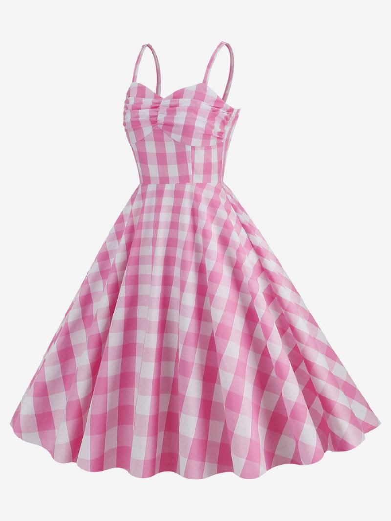 Vestido Feminino Barbie Rosa Riscado Dos Anos 1950 Com Alças Plissadas Vintage Xadrez - Rosa