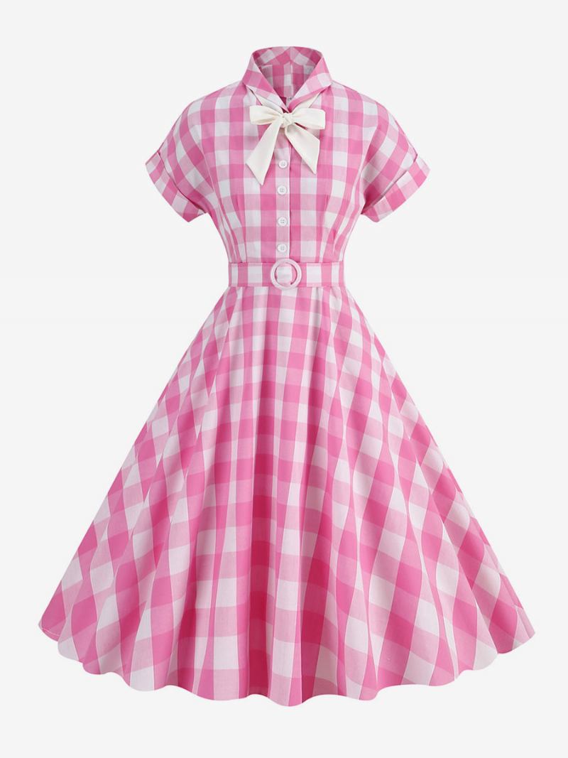 Vestido Feminino Barbie Rosa Riscado Dos Anos 1950. Xadrez Vintage Mangas Curtas