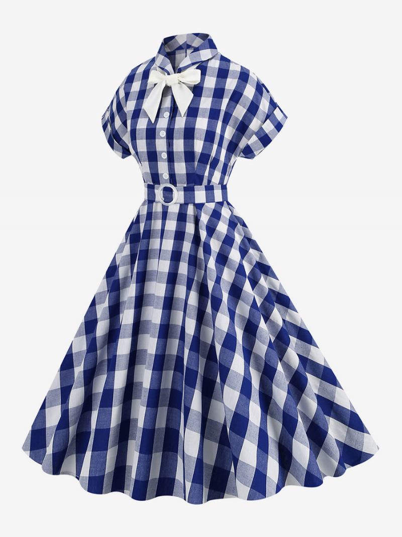 Vestido Feminino Barbie Rosa Riscado Dos Anos 1950. Xadrez Vintage Mangas Curtas - Azul Profundo