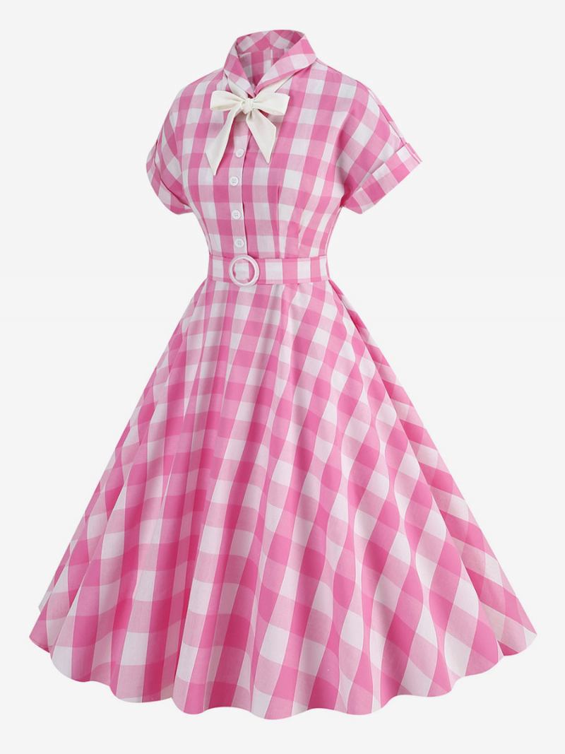 Vestido Feminino Barbie Rosa Riscado Dos Anos 1950. Xadrez Vintage Mangas Curtas - Rosa