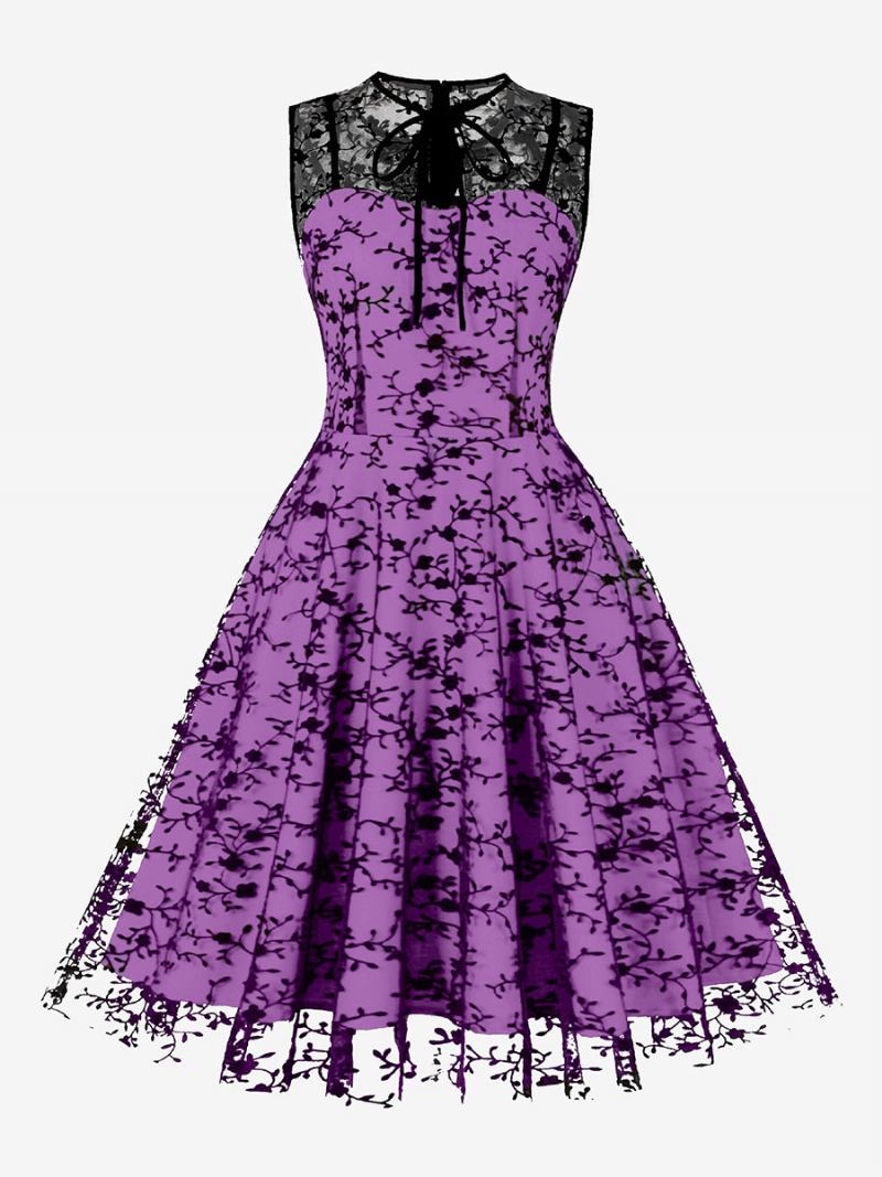 Vestido Feminino Bordado Em Volta Do Pescoço Sem Mangas Com Cordões Vestidos Retrô - Roxo