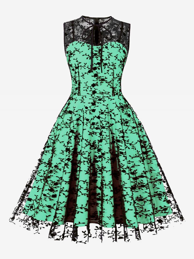 Vestido Feminino Bordado Em Volta Do Pescoço Sem Mangas Com Cordões Vestidos Retrô - Verde Claro