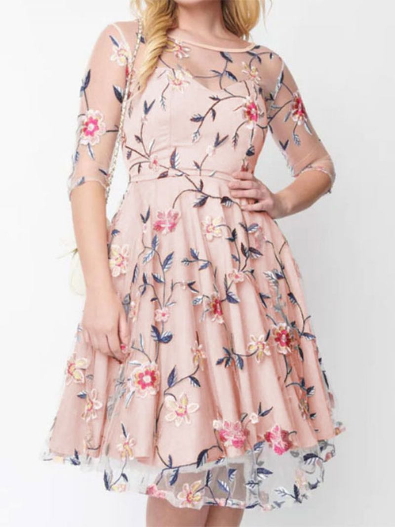 Vestido Feminino Com Estampa Floral Decote Redondo Mangas Compridas Vestidos Retrô Em Camadas - Rosa