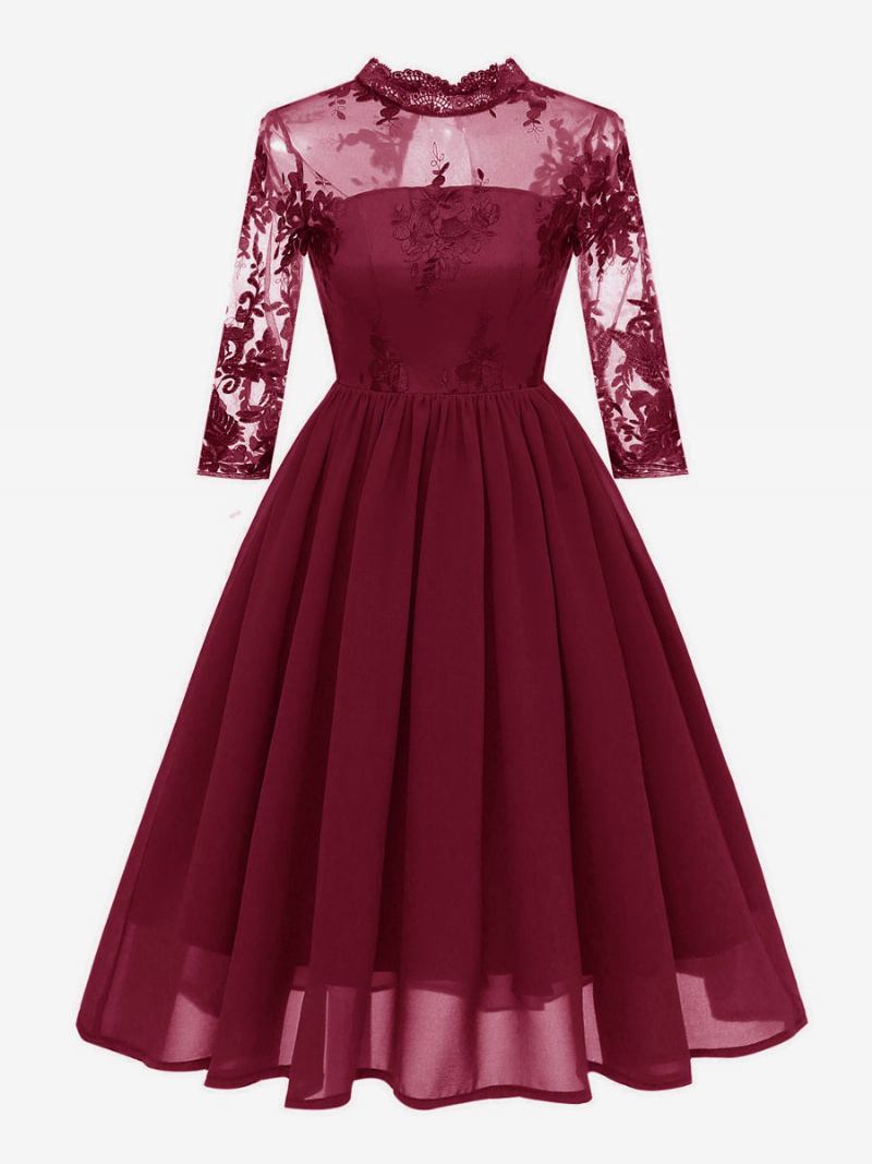 Vestido Feminino Estilo Audrey Hepburn Dos Anos 1950. Retrô Borgonha Mangas 3/4. Chiffon Renda Rockabilly