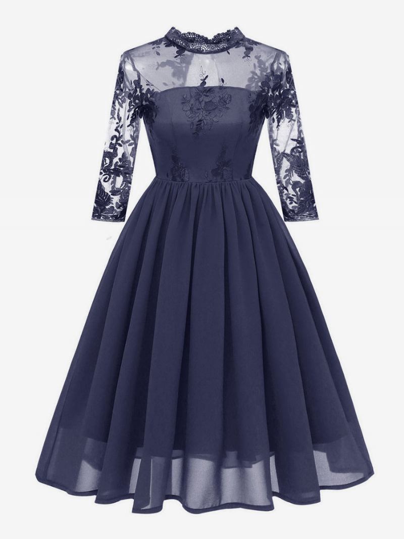 Vestido Feminino Estilo Audrey Hepburn Dos Anos 1950. Retrô Borgonha Mangas 3/4. Chiffon Renda Rockabilly - Marinho Escuro